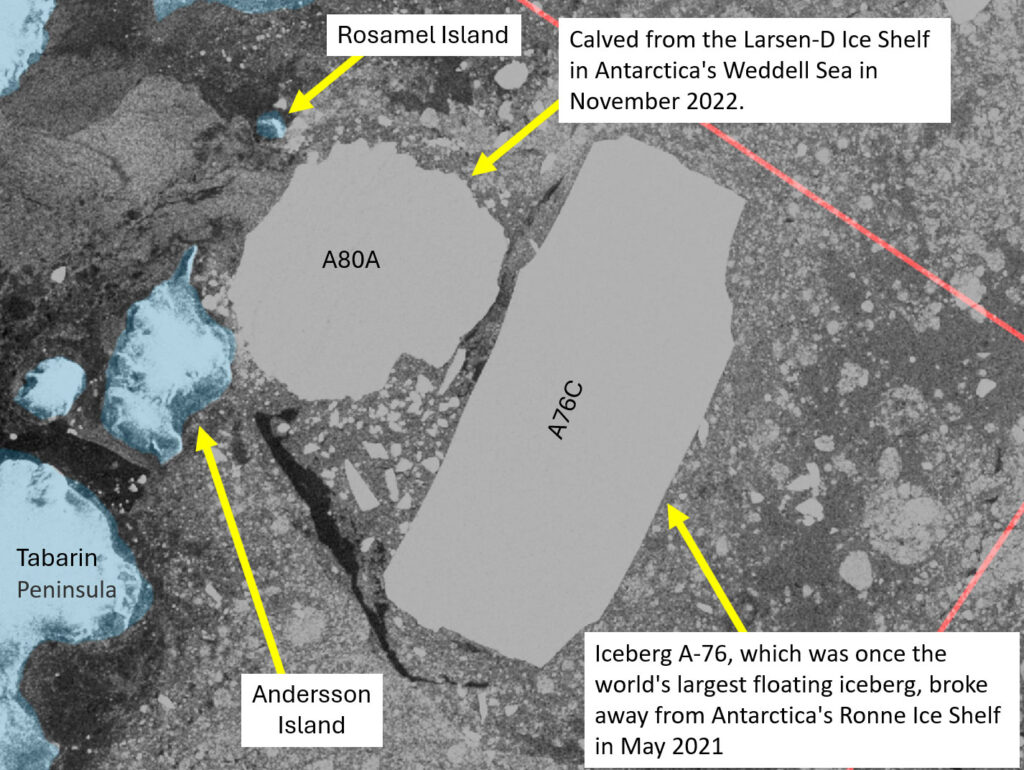 A Sentinel-1 SAR image from 8 October 2024 showing iceberg A80A pinned against Rosamel Island and Andersson Island at the southern end of Antarctic Sound. Iceberg A76c appears grounded.